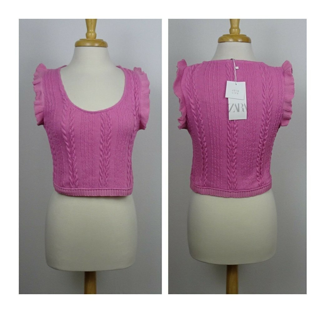 NWT Zara Sleeveless Ruffle Top Blouse Cable-Knit Pink Scoop Neck Stretch L - Picture 5 of 13